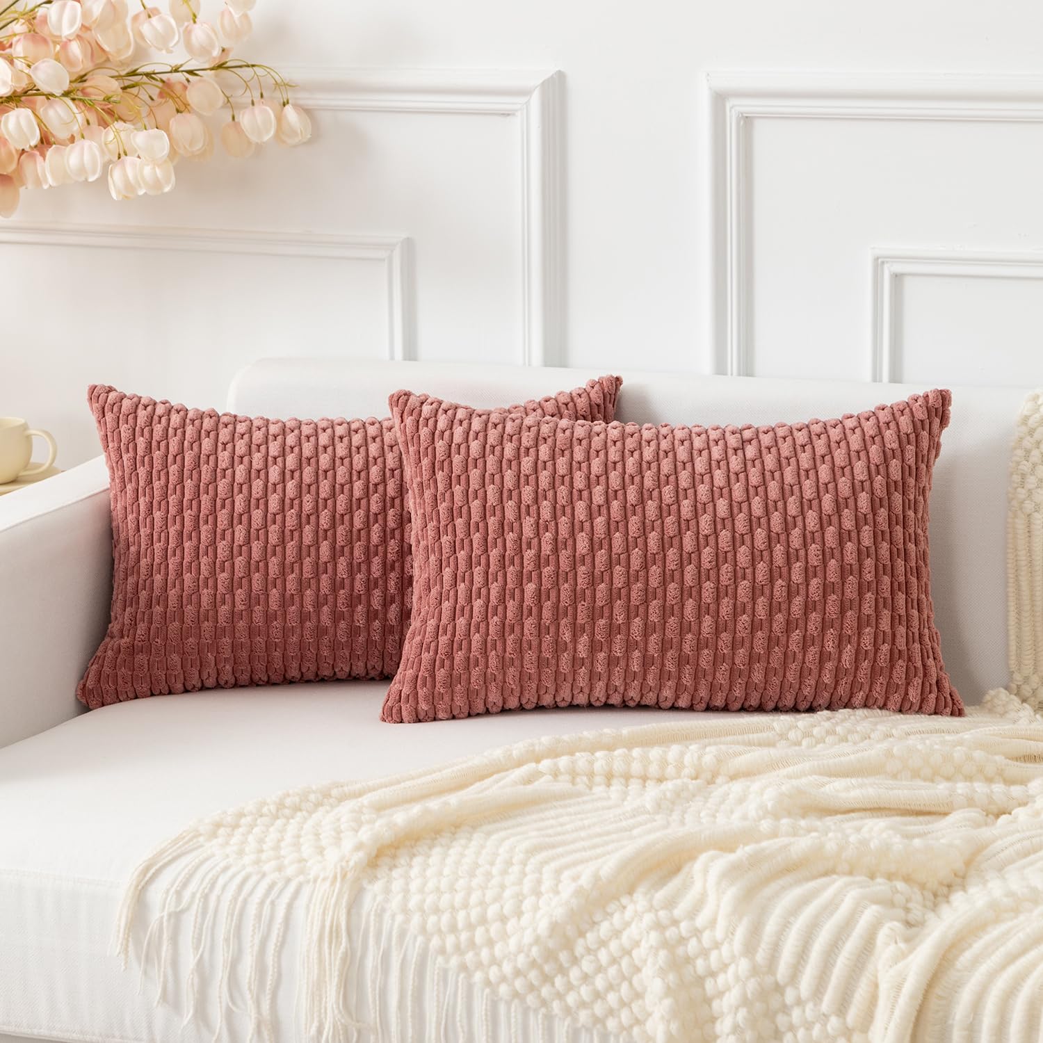 Kevin Textile Solid Decorative Boho Striped Corduroy Throw Pillow Covers