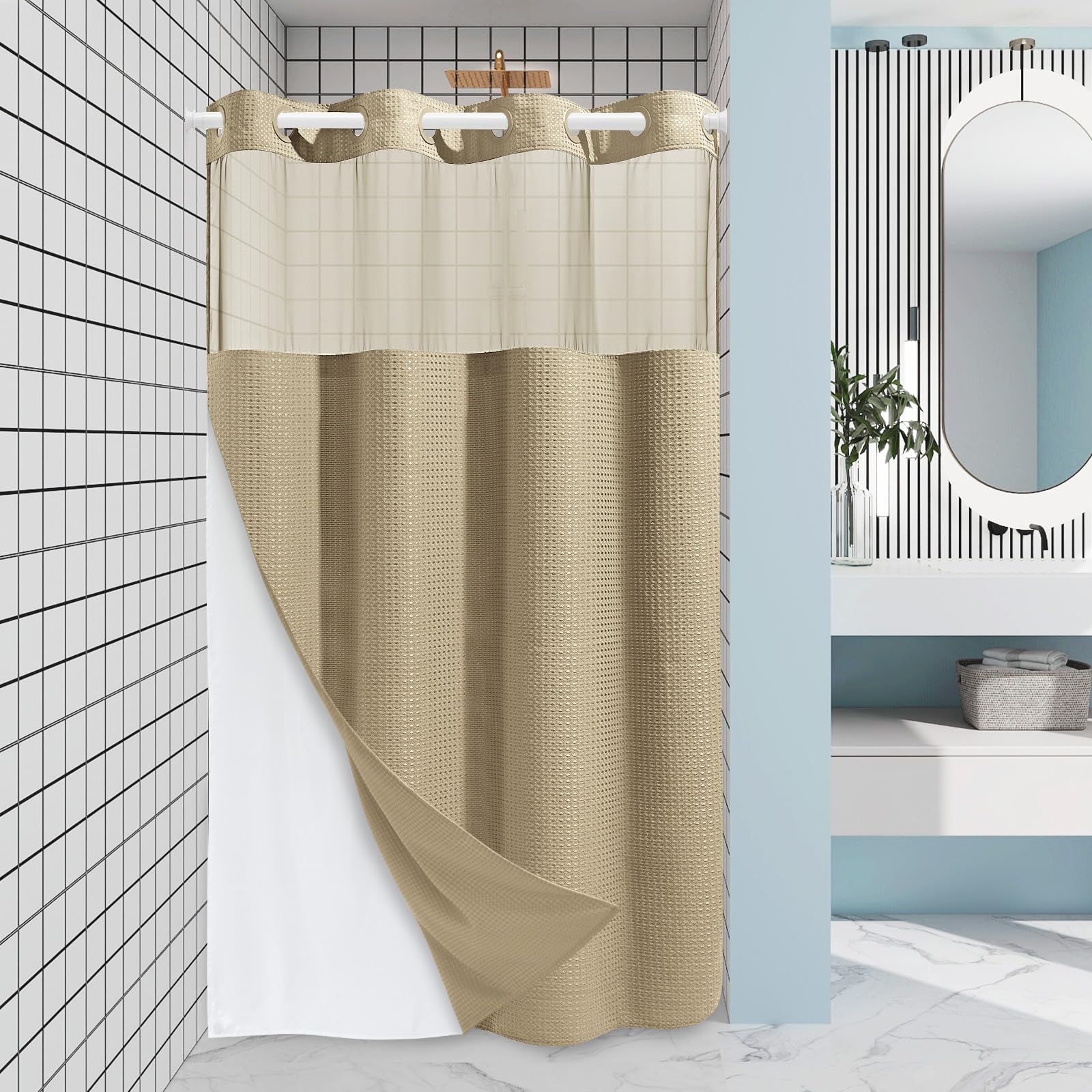 EUTXL No Hook Waffle Weave Shower Curtain