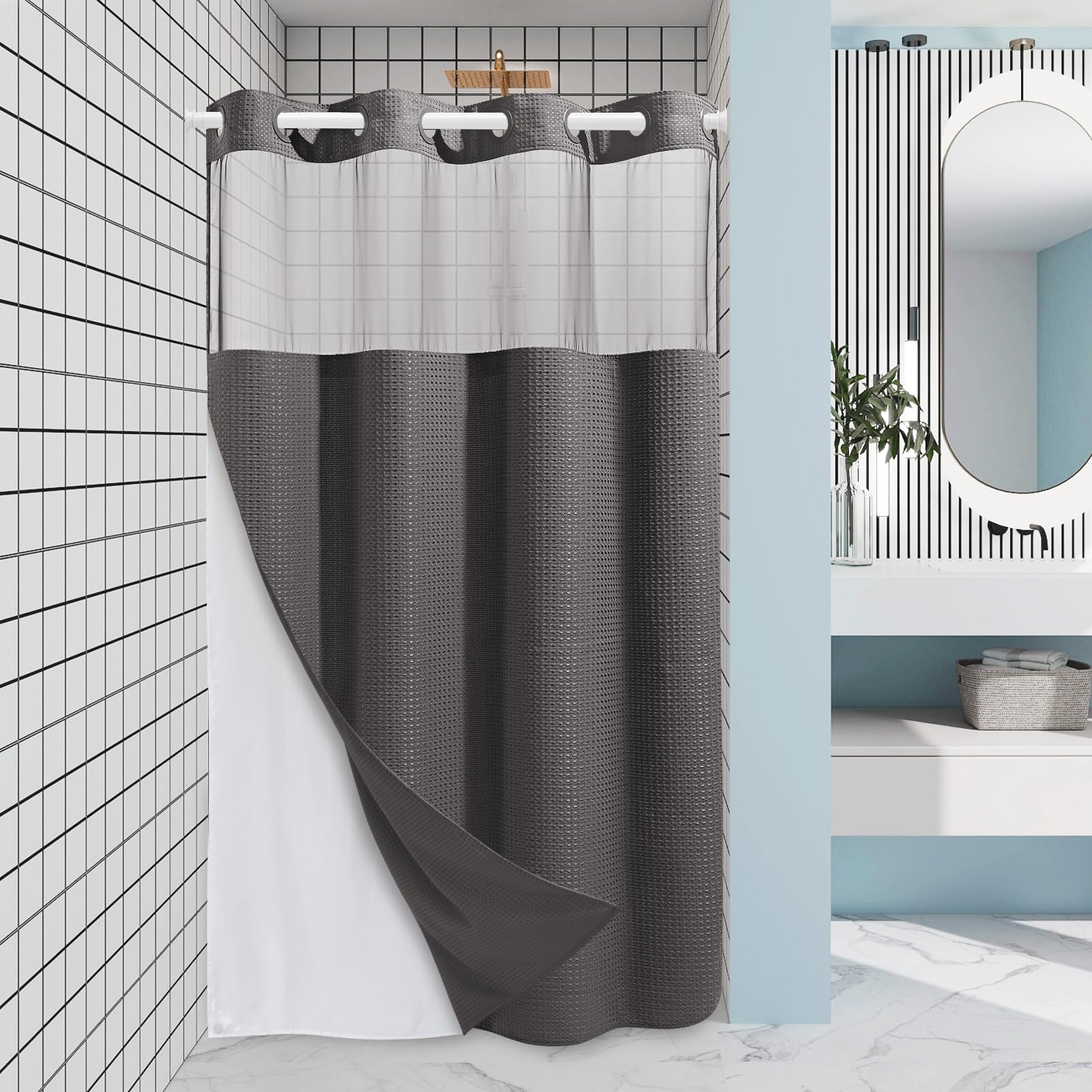 EUTXL No Hook Waffle Weave Shower Curtain