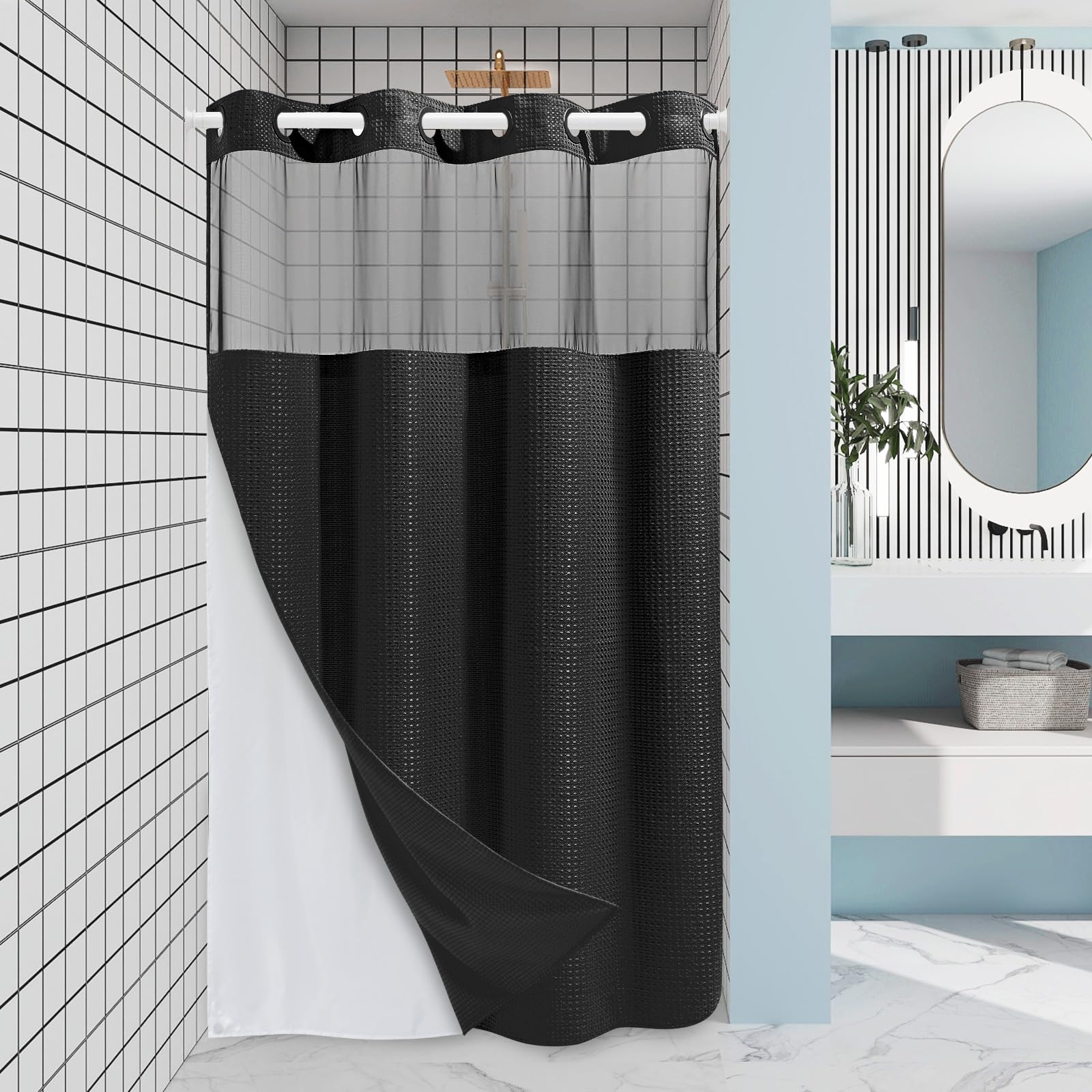 EUTXL No Hook Waffle Weave Shower Curtain